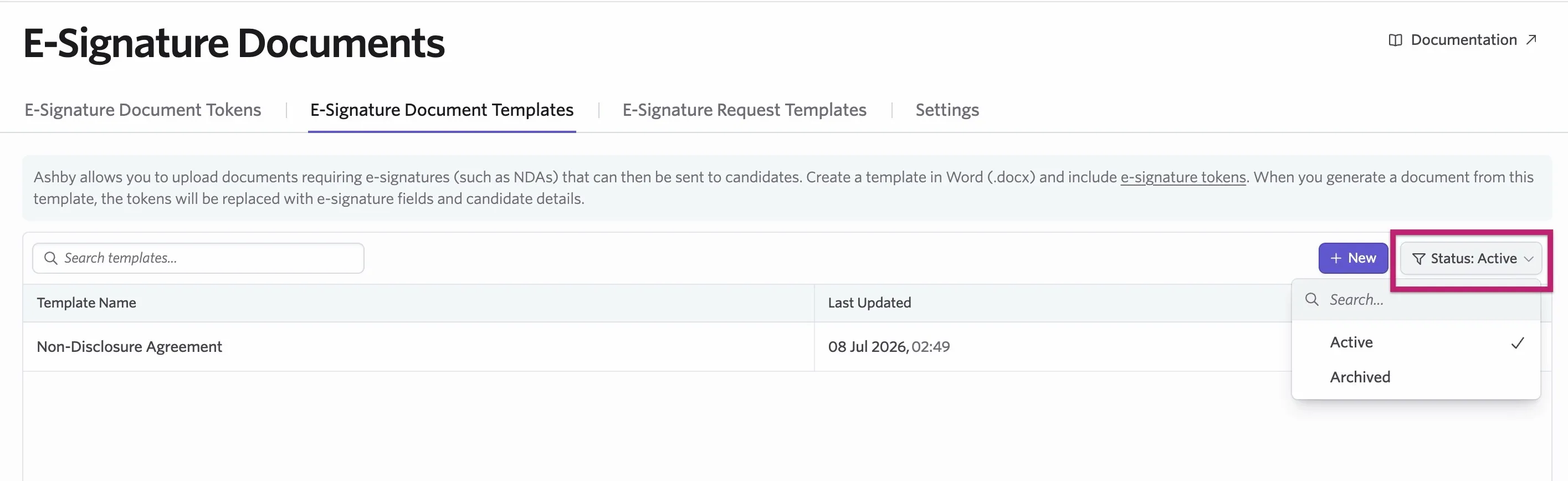 Adjusting the status filter to access archived e-signature documents.