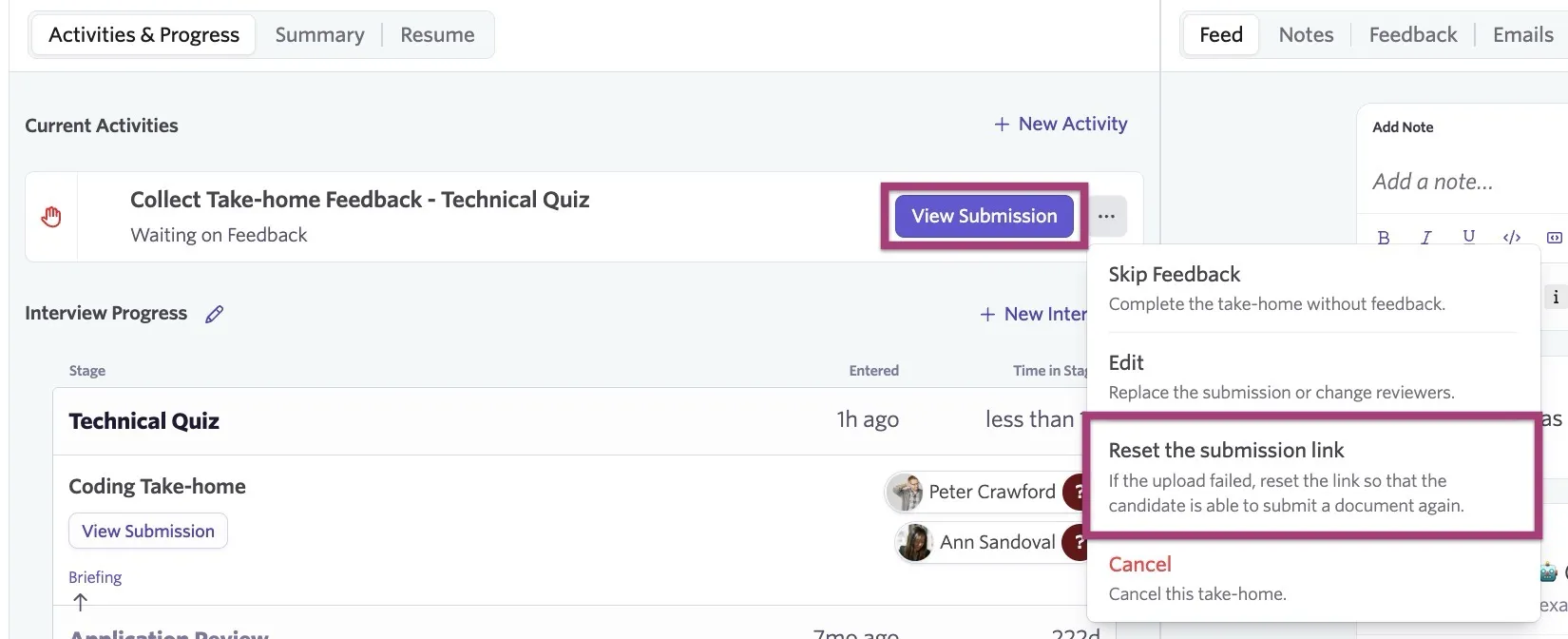 Take-home activity menu showing the option to reset the submission link.