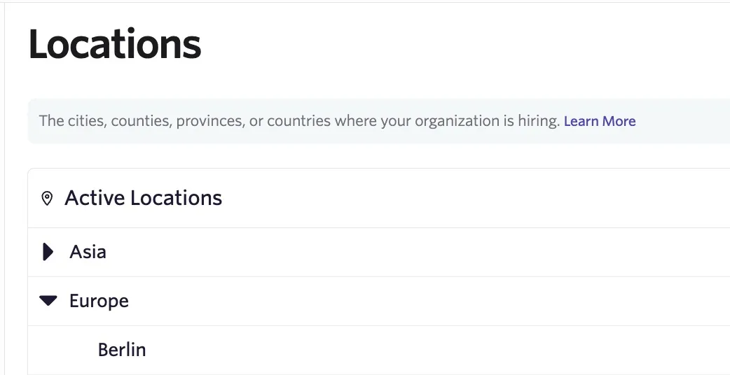 The screenshot shows the Locations page with two regions, one is open and the other is collapsed.