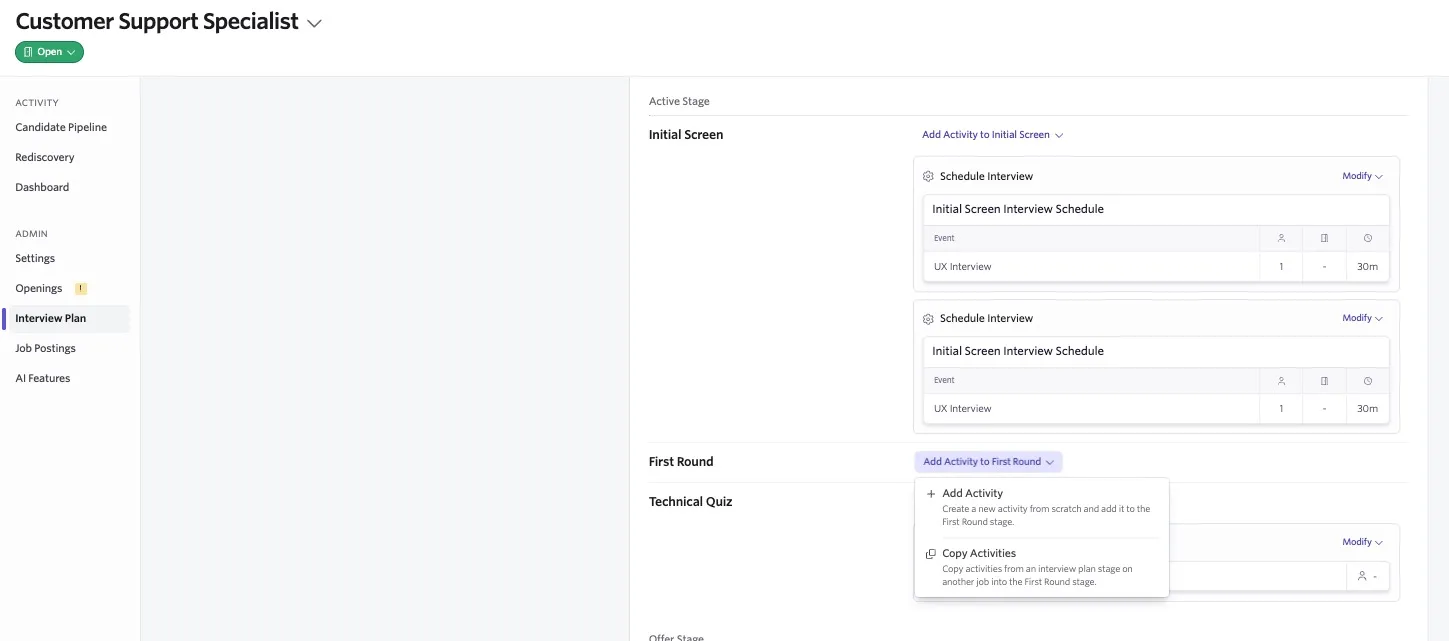 The screenshot shows a job open on the Interview Plan tab, with the Add Activity to First Round menu open.