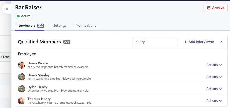 Shows the interviewer list in the pool with the name 'henry' added to the search bar and the results.