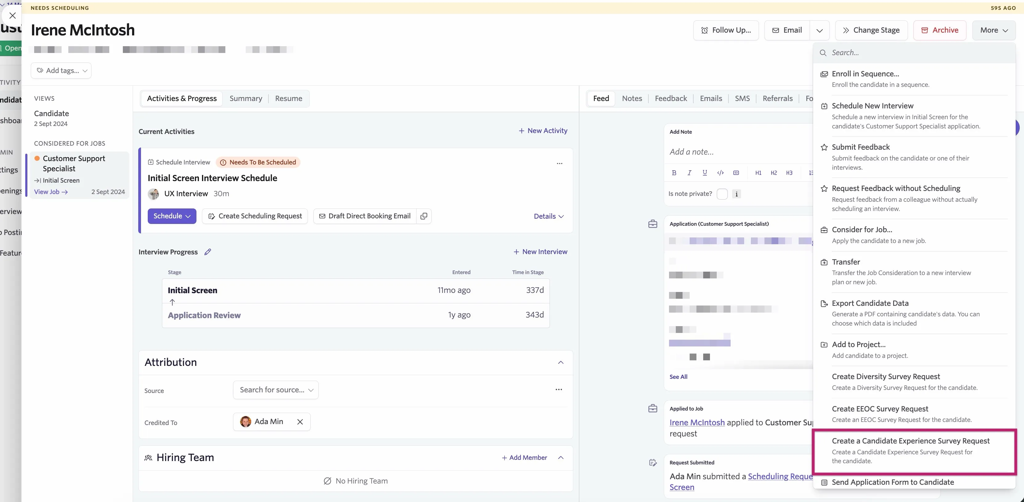 Selecting Create a Candidate Experience Survey Request from the candidate profile