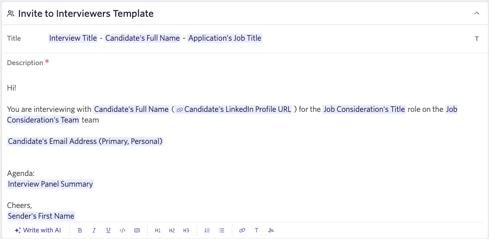 Invite to interviewers template settings.