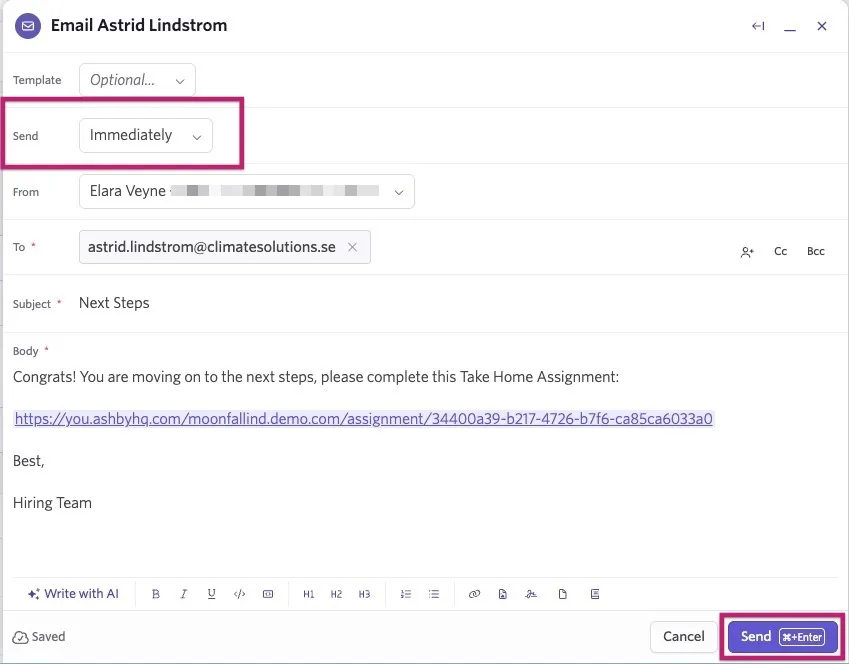 Email composer for Astrid Lindstrom with the “Send” timing set to “Immediately” and the “Send” button highlighted.