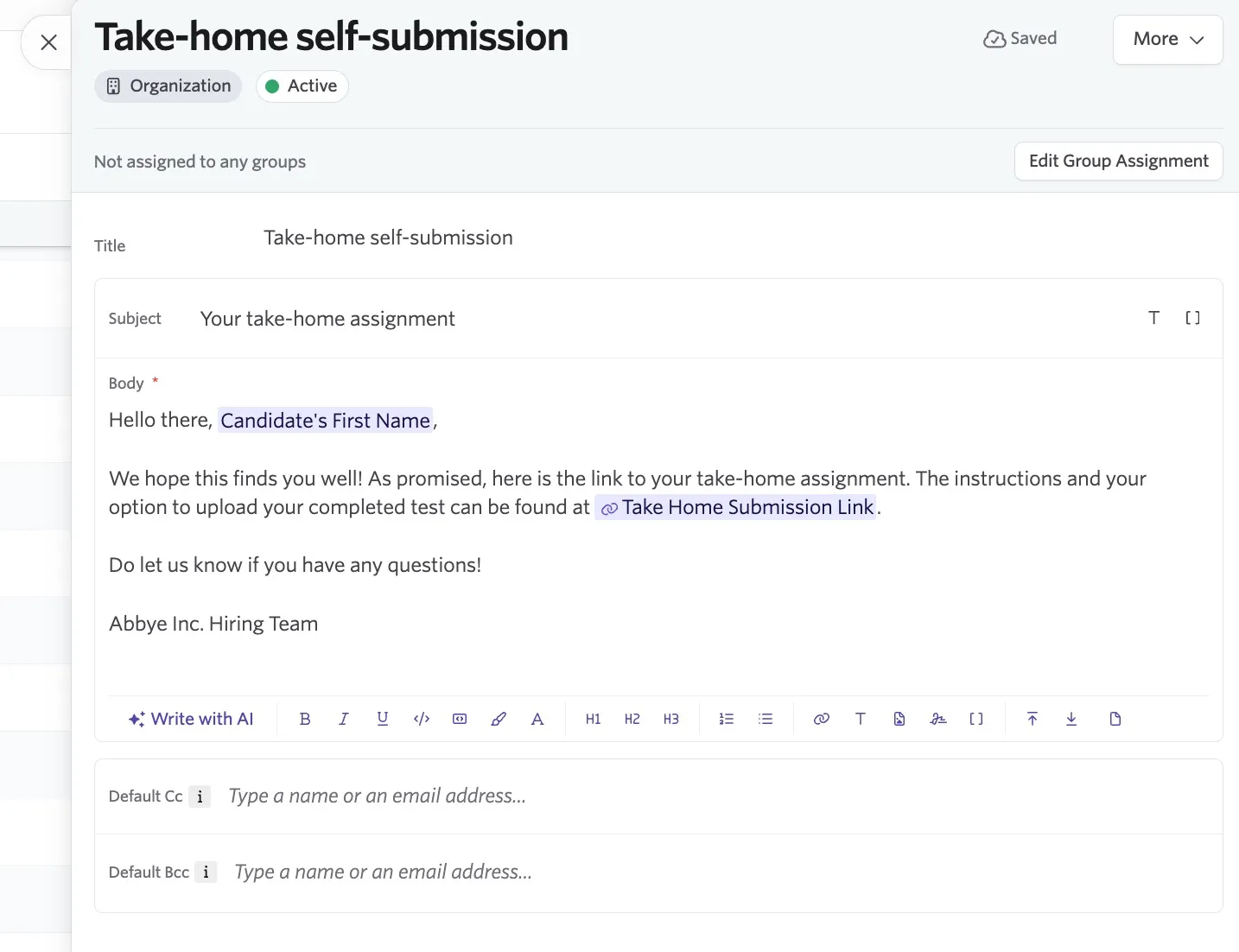 Email template containing the Take Home Submission Link token.