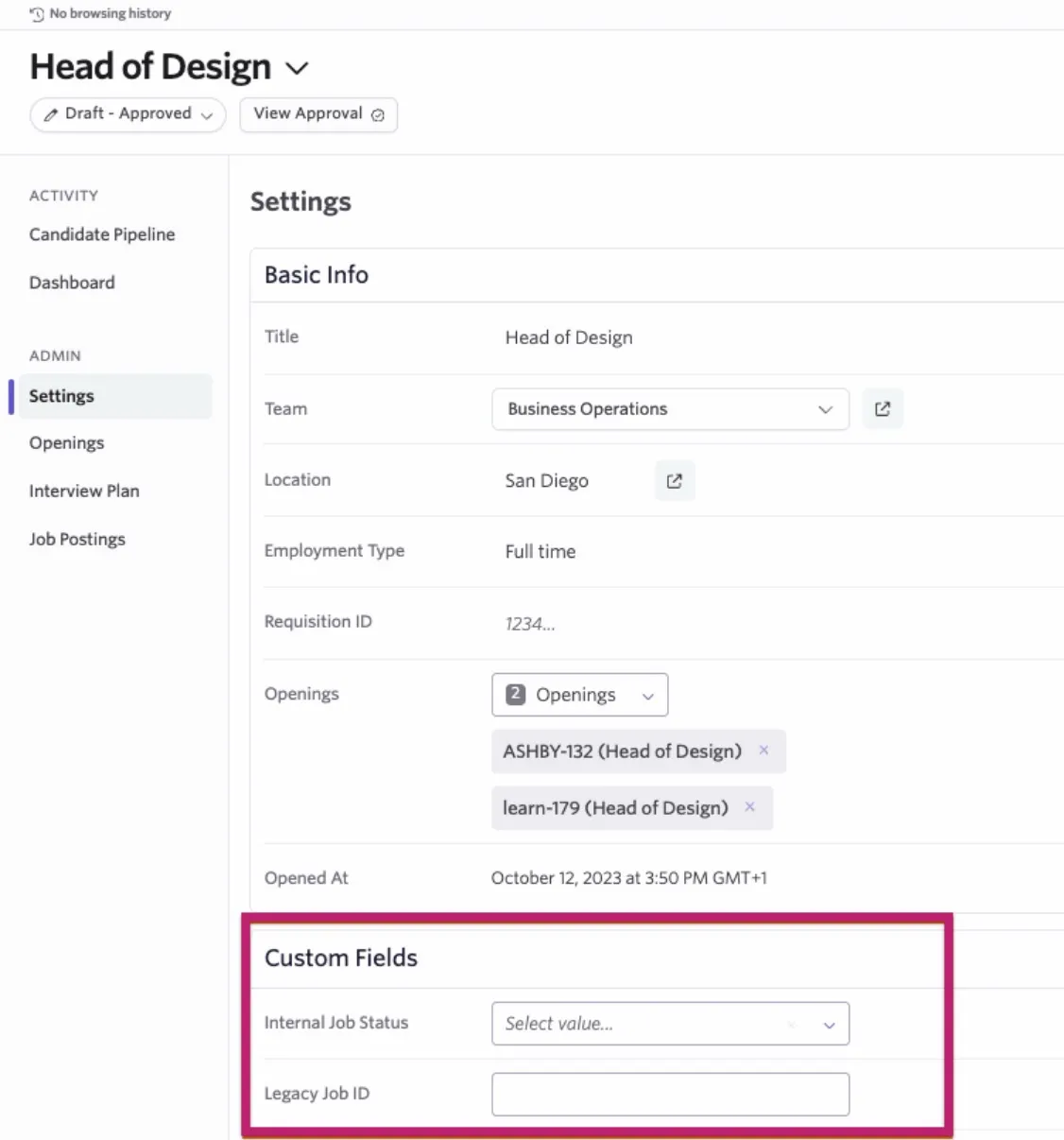 Finding a job's custom field within the Settings section of a job. Finding a job's custom field within the Settings section of a job.