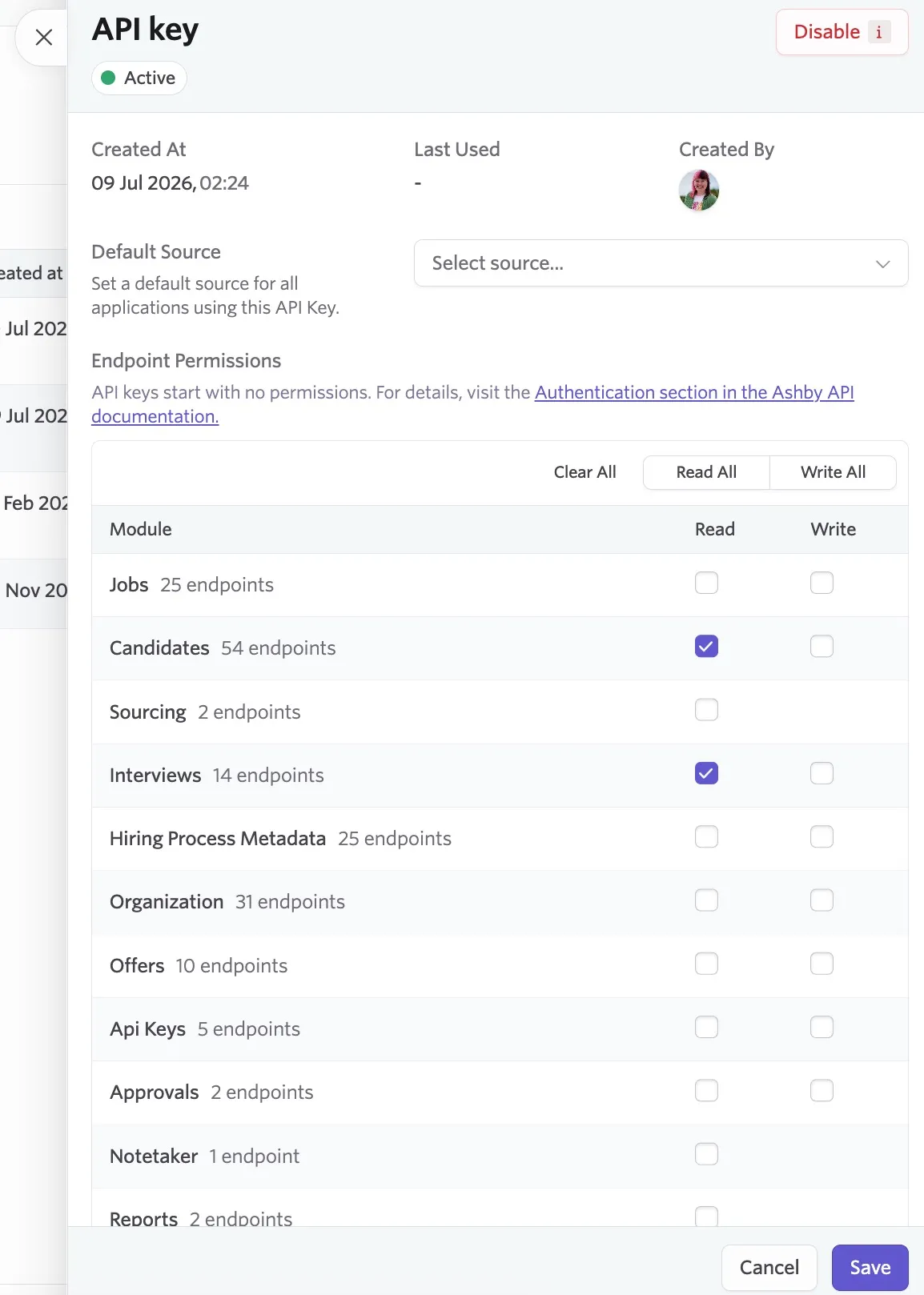 API key settings showing an active key with default source options and endpoint permissions, with Read access enabled for Candidates and Interviews.