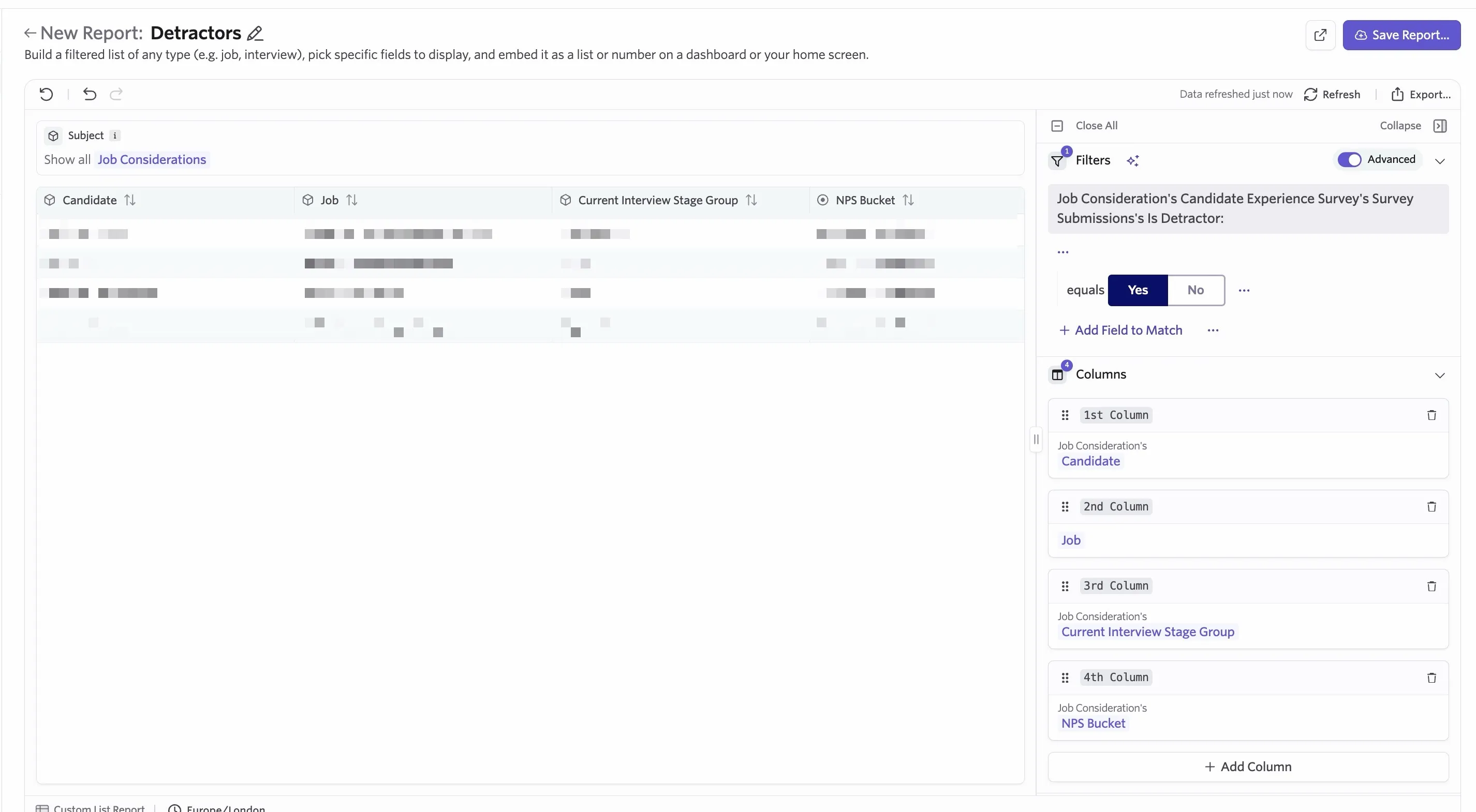 An example of a detractors custom list report.