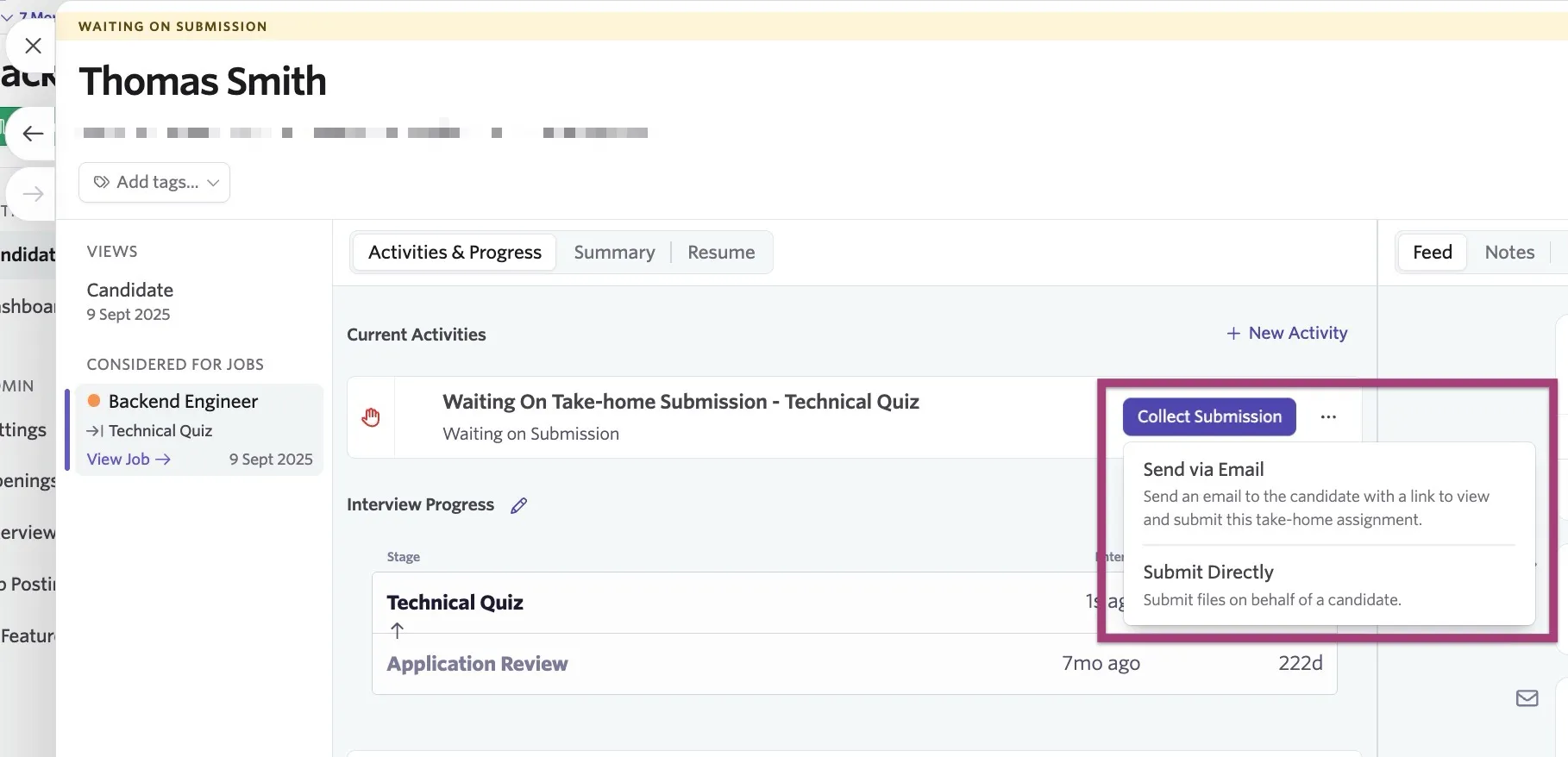 Candidate profile take-home activity with the Collect Submission option.