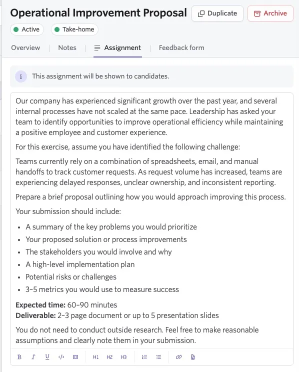 Take-home Assignment tab showing candidate instructions and submission expectations.