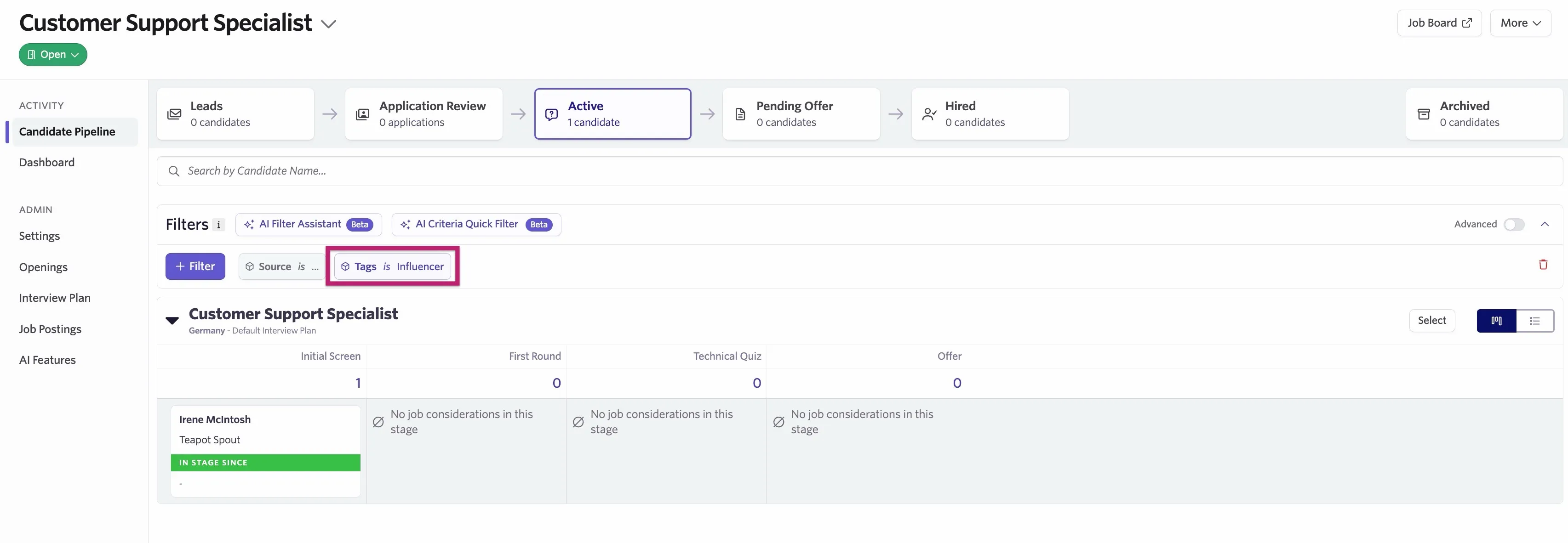 Filtering a candidate pipeline to only show active candidates with a specific tag.