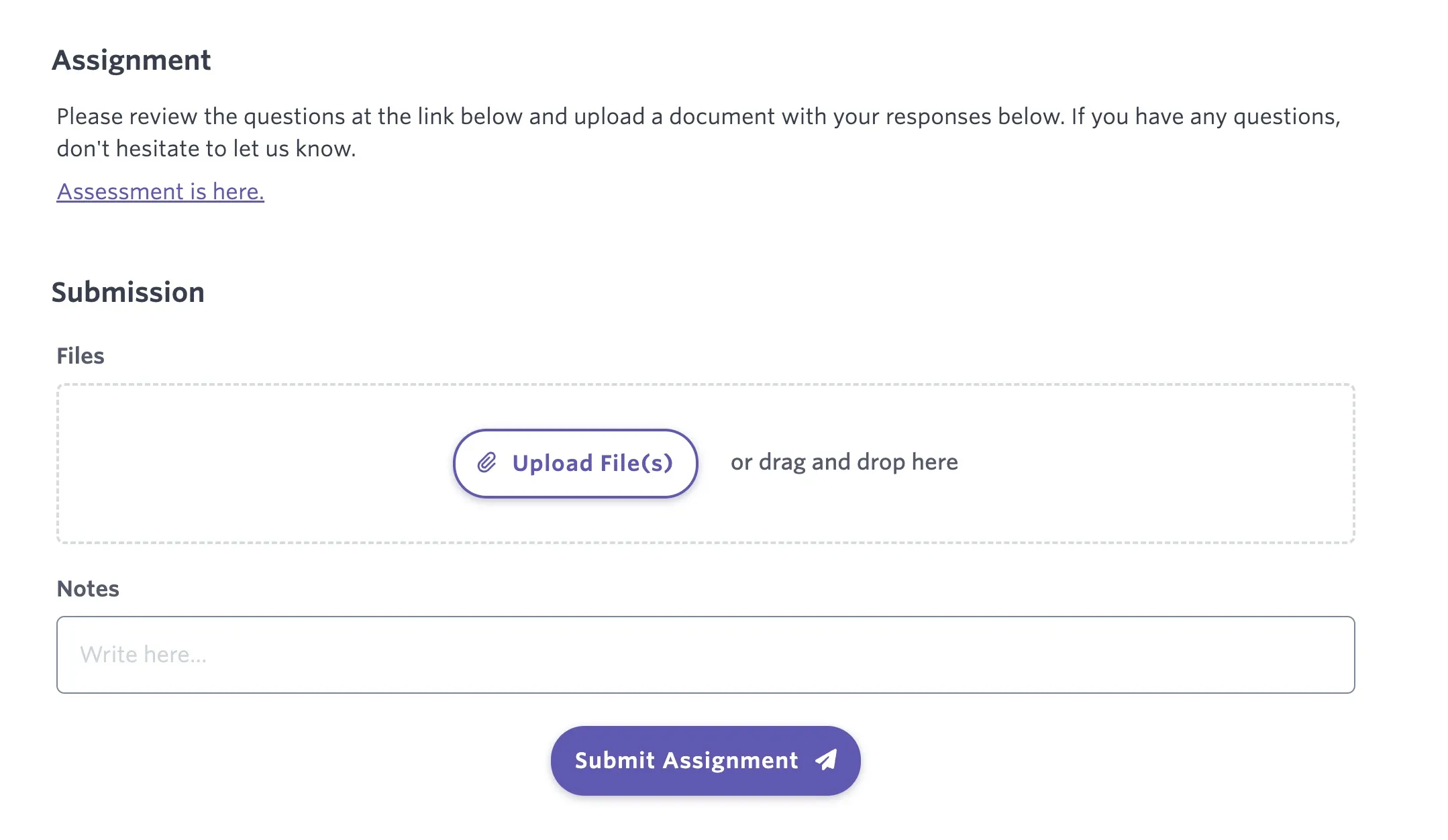 Candidate-facing take-home page with assignment details and submission controls.