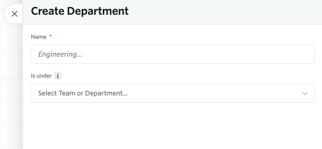 The Create Department pop-up where you can enter the department details.