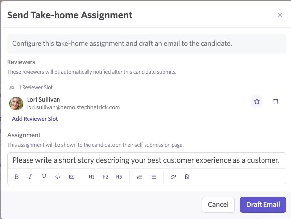 Editing the assignment section of a take-home before sending it to a candidate.