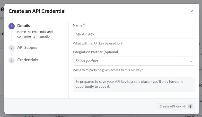 Create an API Credential dialog in Ashby with fields to name the API key and optionally select an integration partner, followed by steps for API Scopes and Credentials.