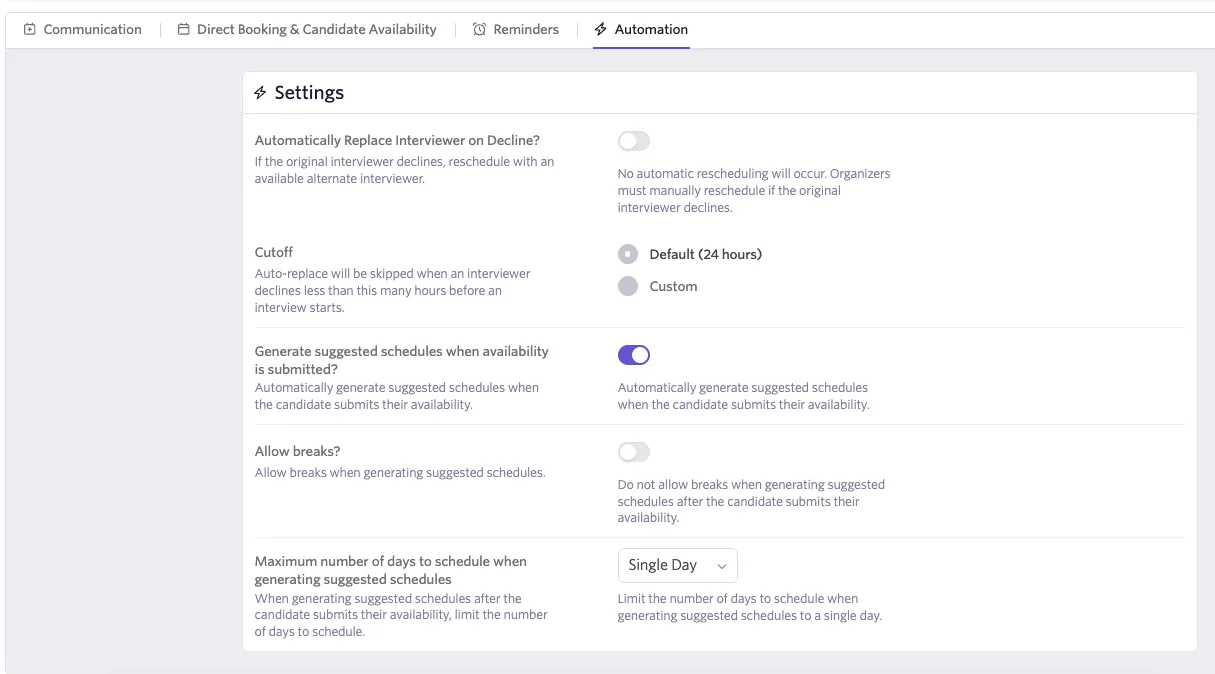 Automation settings for scheduling defaults