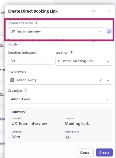 The screenshot shows the menu to create an instant direct booking link with the Shared interview dropdown highlighted.
