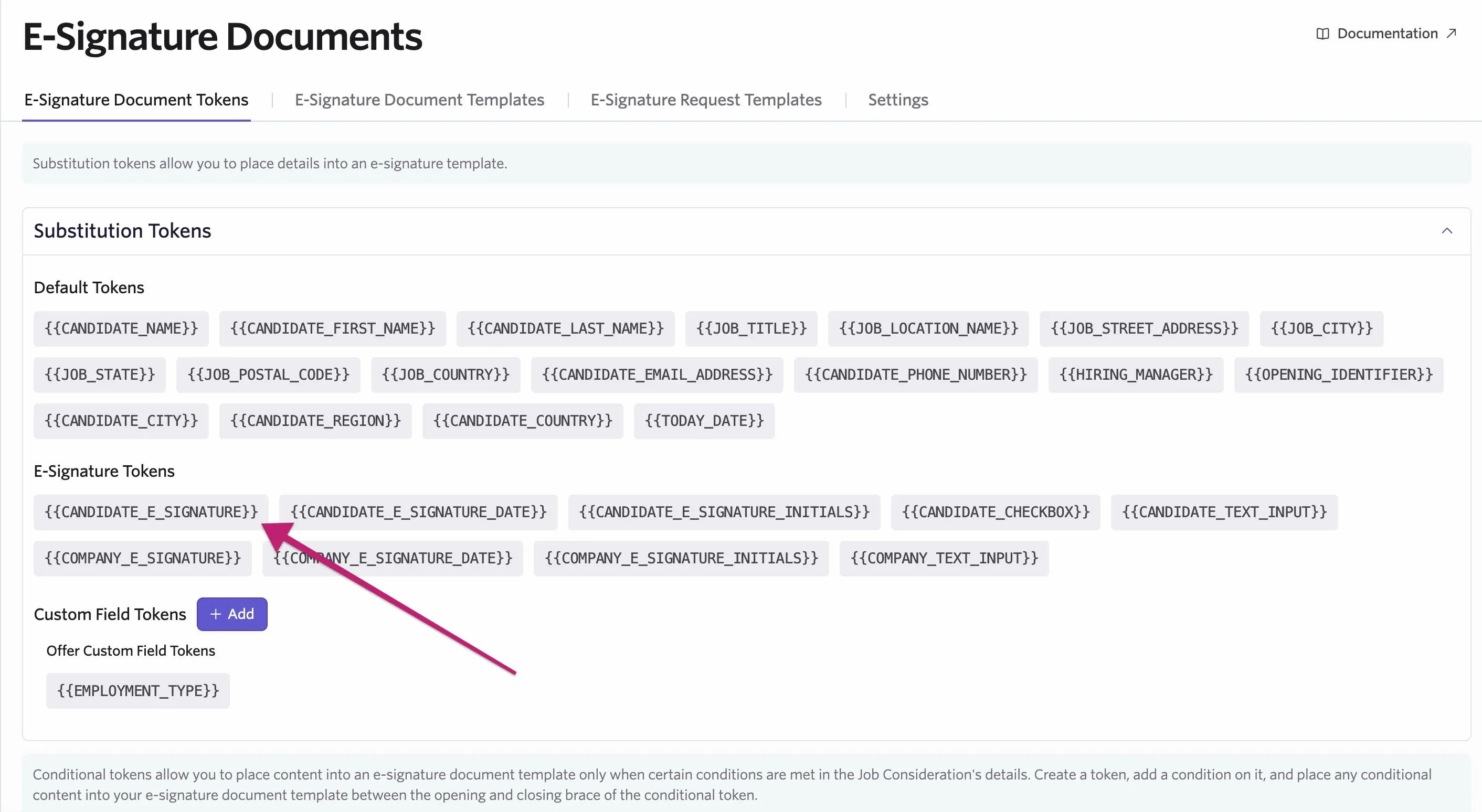 Click on e-signature tokens to copy them.