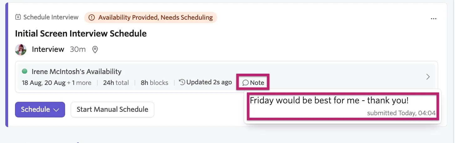 Hovering over the Note option to view the note.