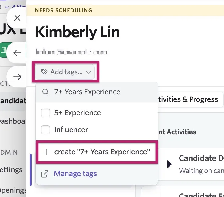 Adding tags inline on the candidate profile once inline creation is enabled.
