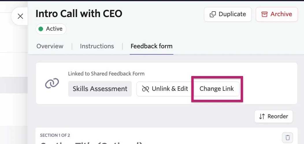 The screenshot shows an interview open on the Feedback form tab with the Change Link button highlighted.