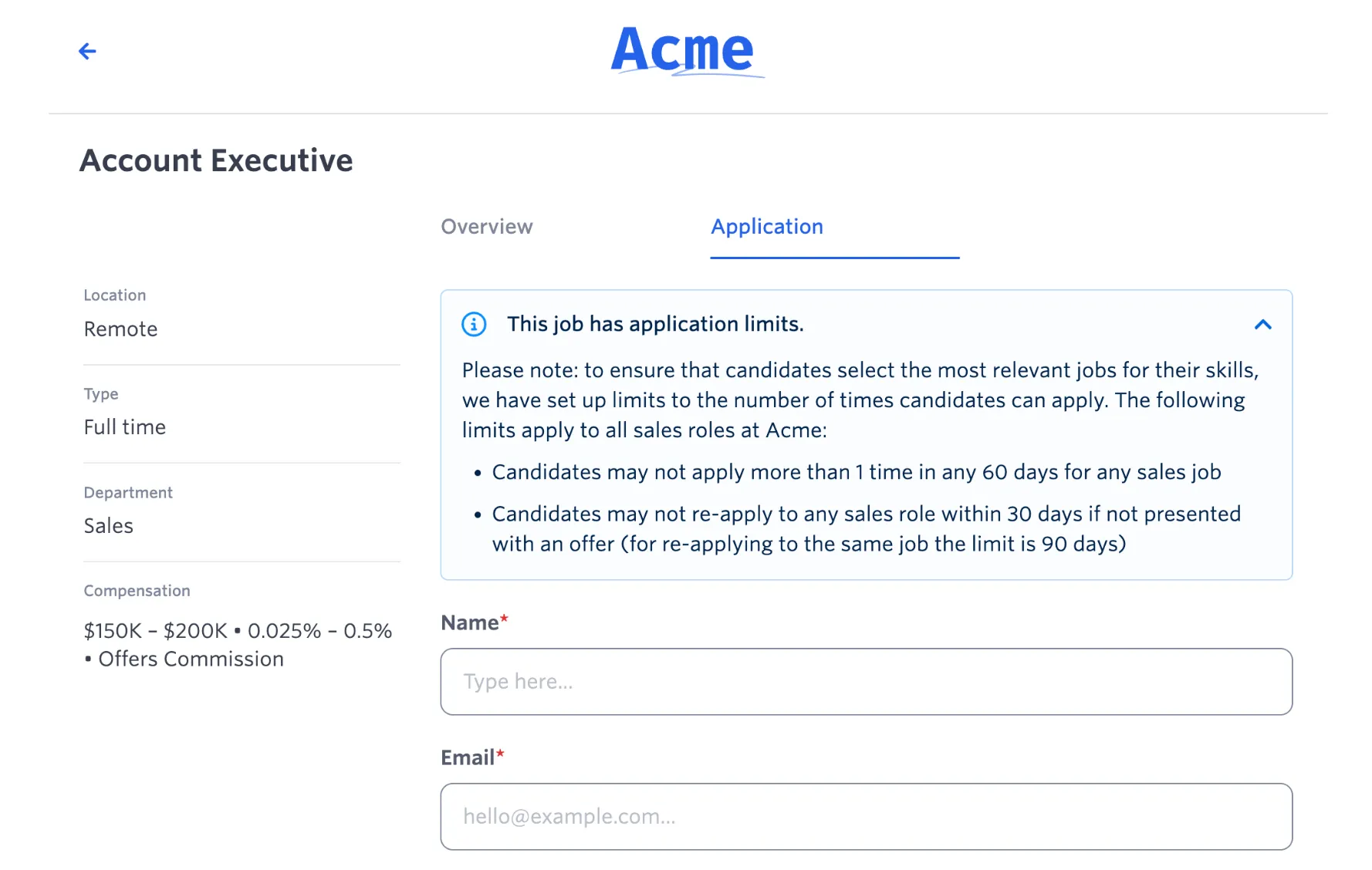 Shows how the application form callout shows up on a job posting from the candidate view