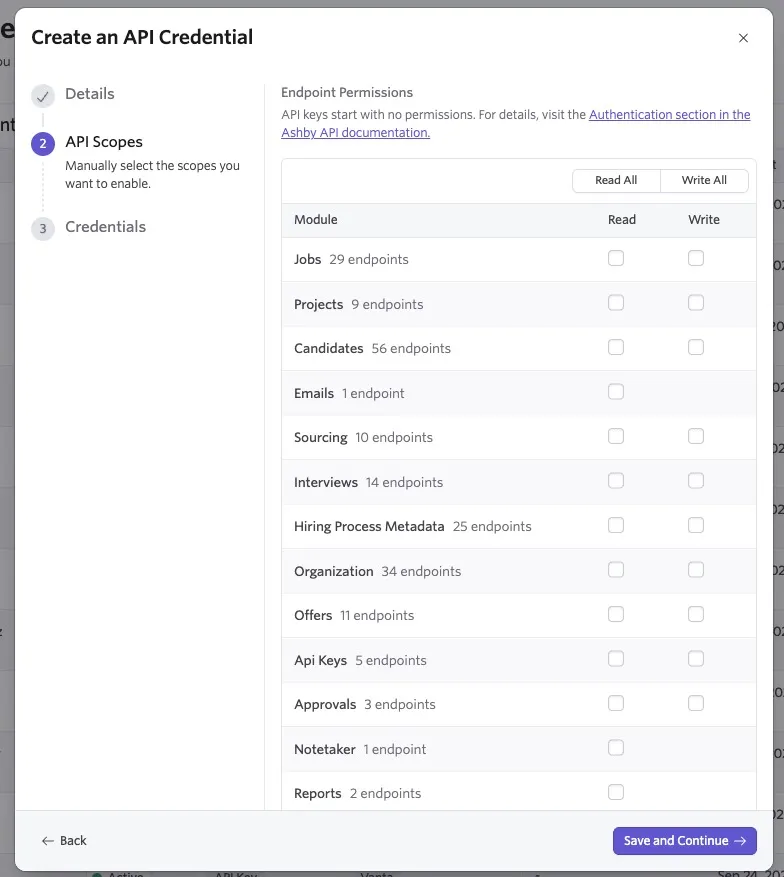 Create an API Credential dialog on the API Scopes step, showing endpoint permission modules with Read and Write checkboxes and options to select all permissions.