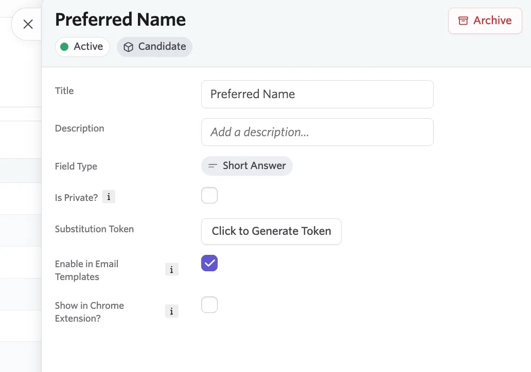 Editing a candidate custom field. Editing a candidate custom field.