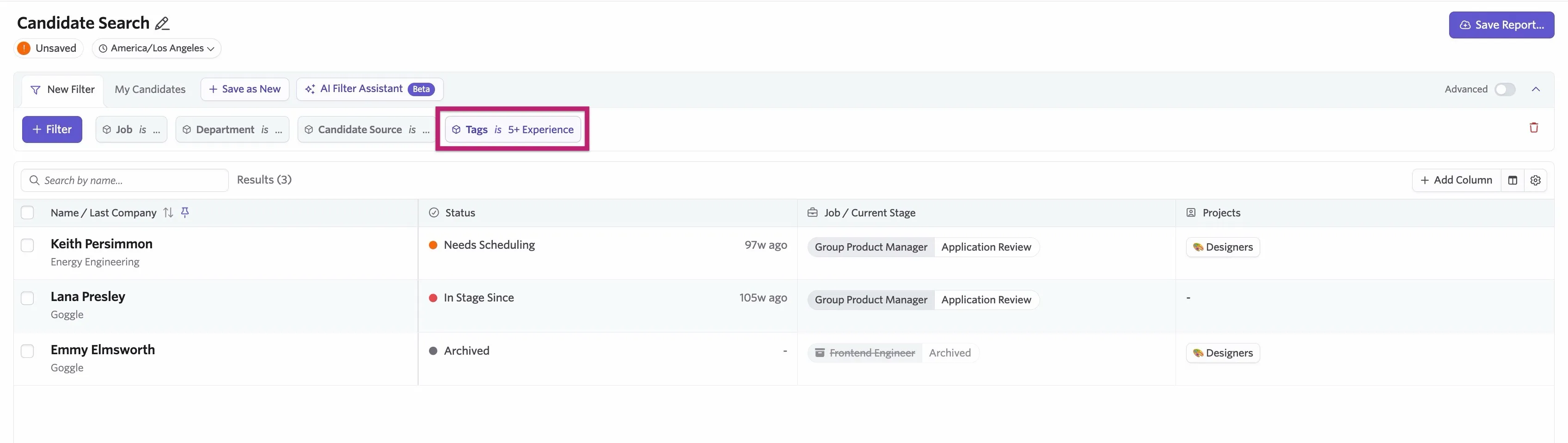 Filtering a candidate search by candidate tag.