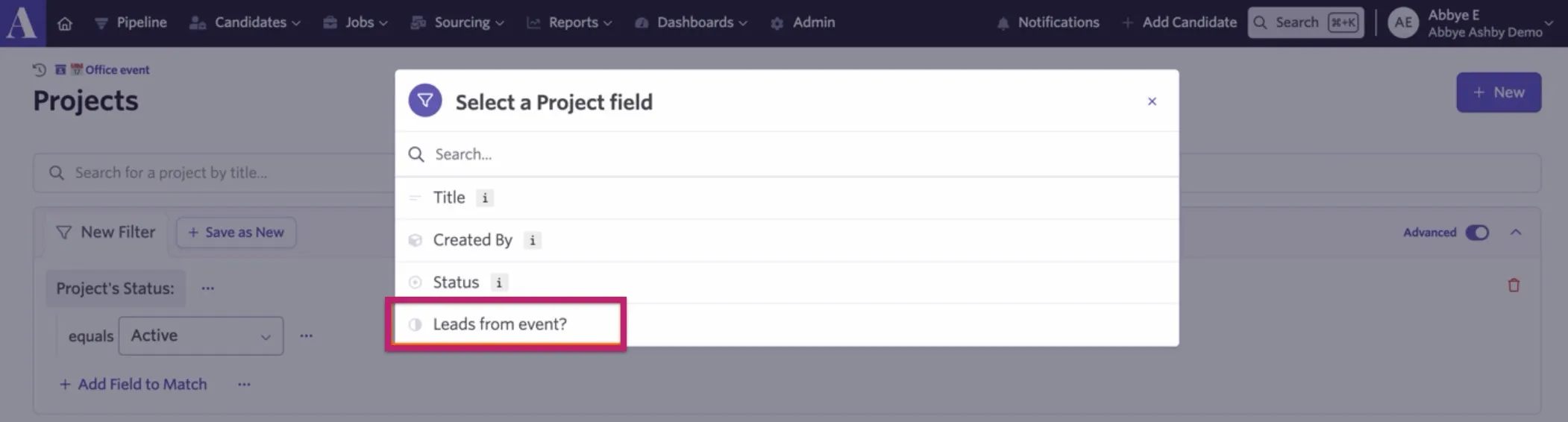Selecting the project custom field to filter by. Selecting the project custom field to filter by.