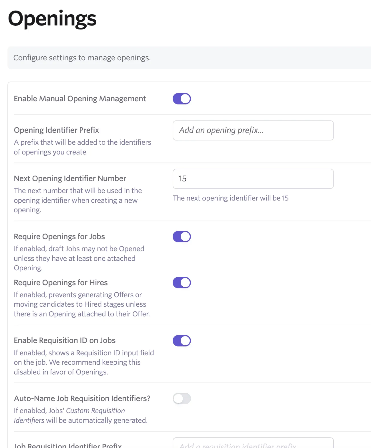 screenshot of some of the settings under the Openings admin area