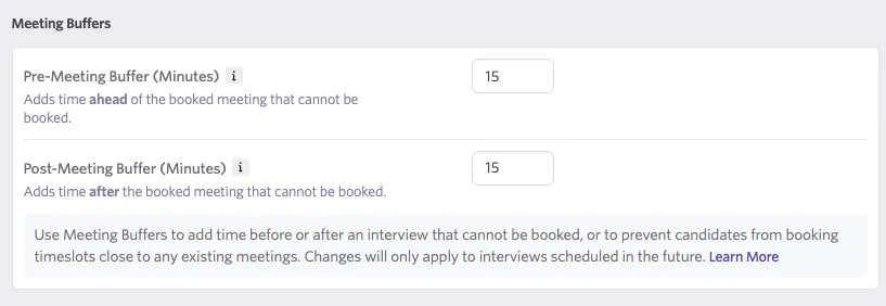 Meeting buffer settings for scheduling defaults.