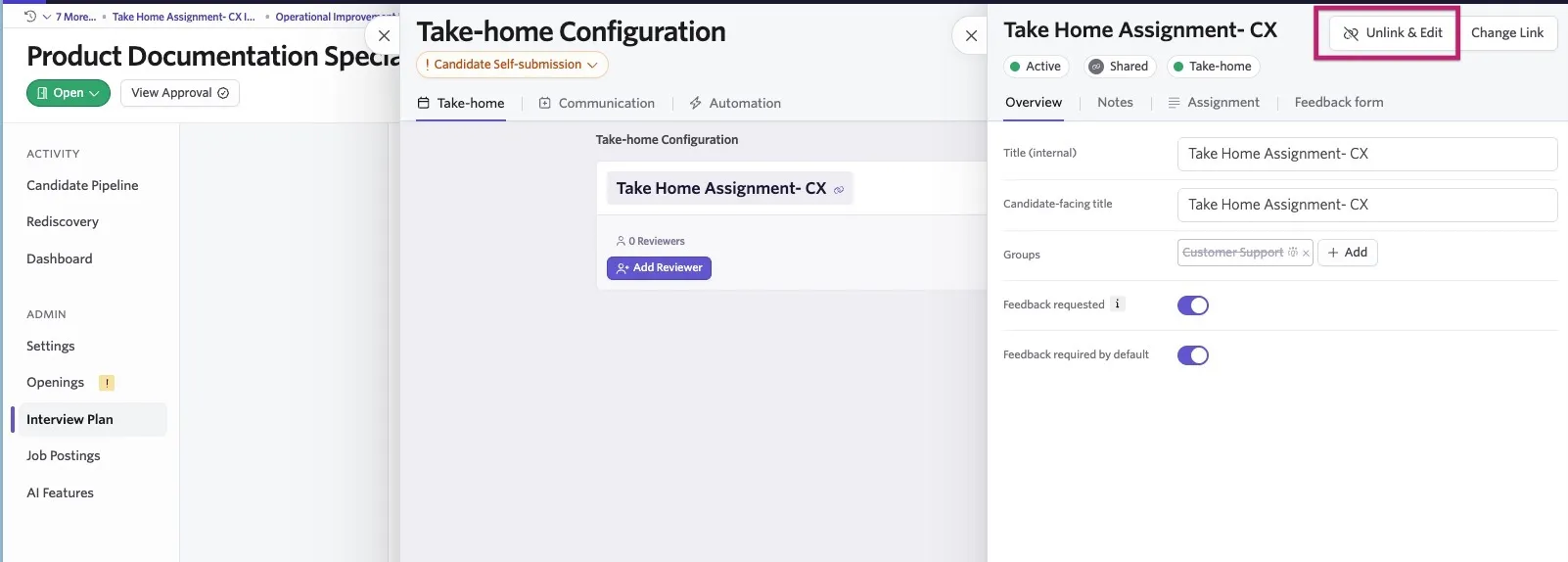 Take-home Configuration page in Ashby showing a shared Take Home Assignment linked to the interview plan, with the Unlink & Edit button highlighted.
