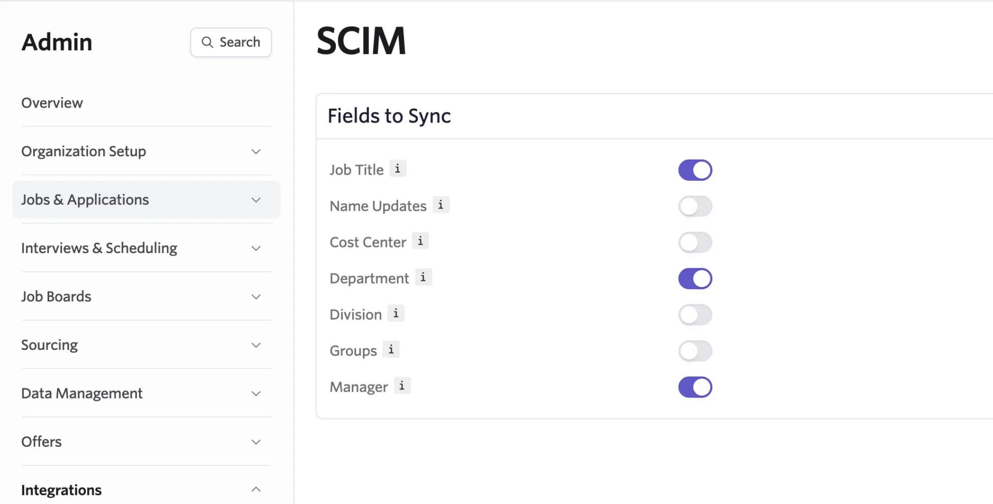 Screenshot of the Fields to Sync section in Ashby's SCIM integration settings