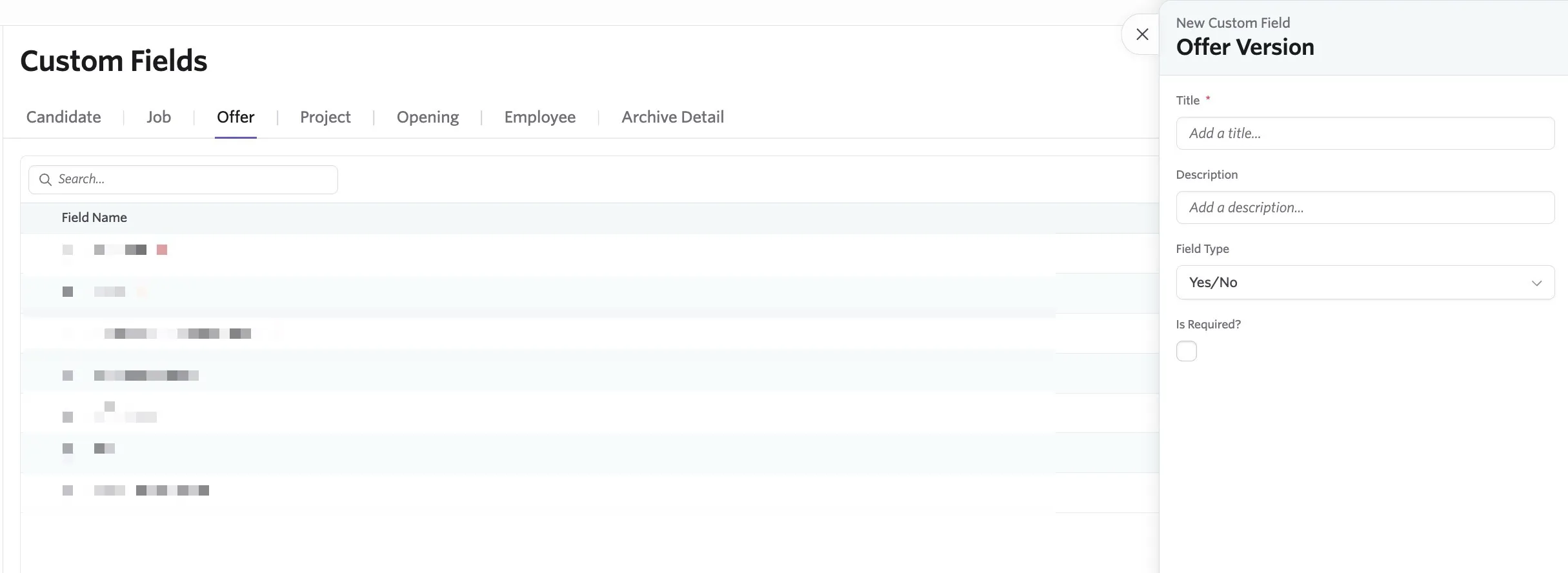 The custom fields page open on the Offer tab The custom fields page open on the Offer tab