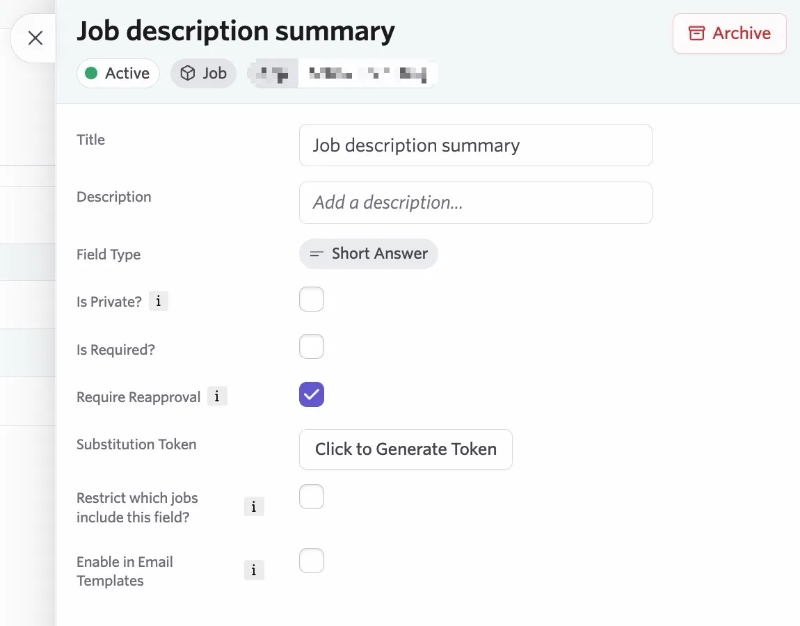 Editing a job custom field. Editing a job custom field.