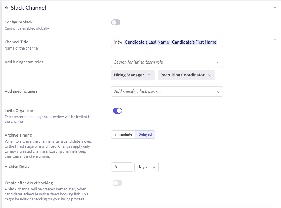 The Slack interview channel settings for scheduling defaults.