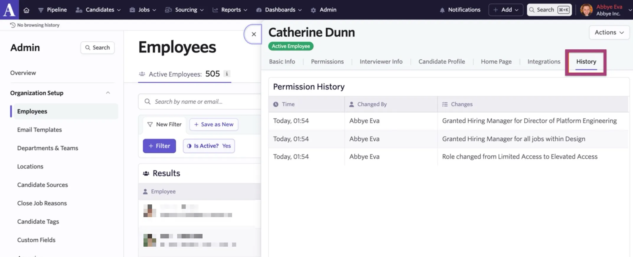 The History tab on a user's permissions showing any updates. The History tab on a user's permissions showing any updates.