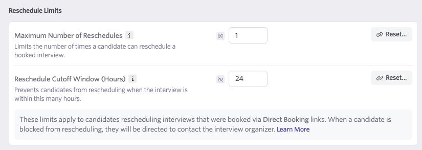 Reschedule limit settings for scheduling defaults. Reschedule limit settings for scheduling defaults.