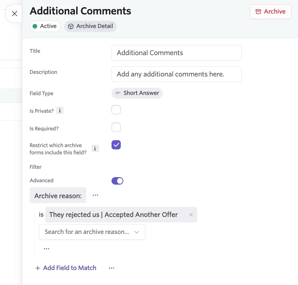 Editing an archive detail custom field. Editing an archive detail custom field.