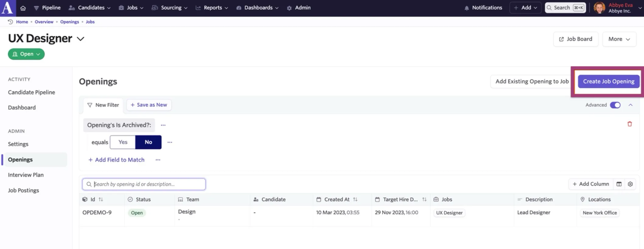Highlights the Create Job Opening button in the Openings tab of a job.