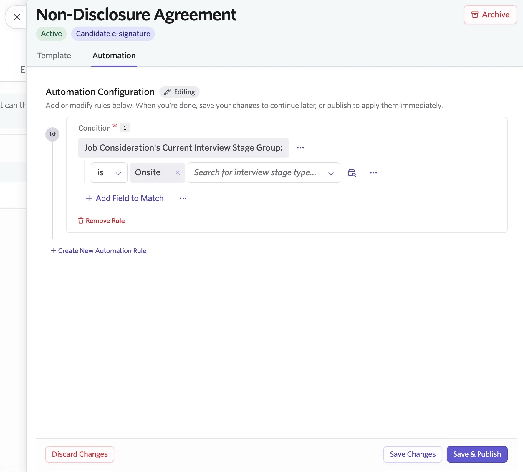 Configuring automation rules for an e-signature document.