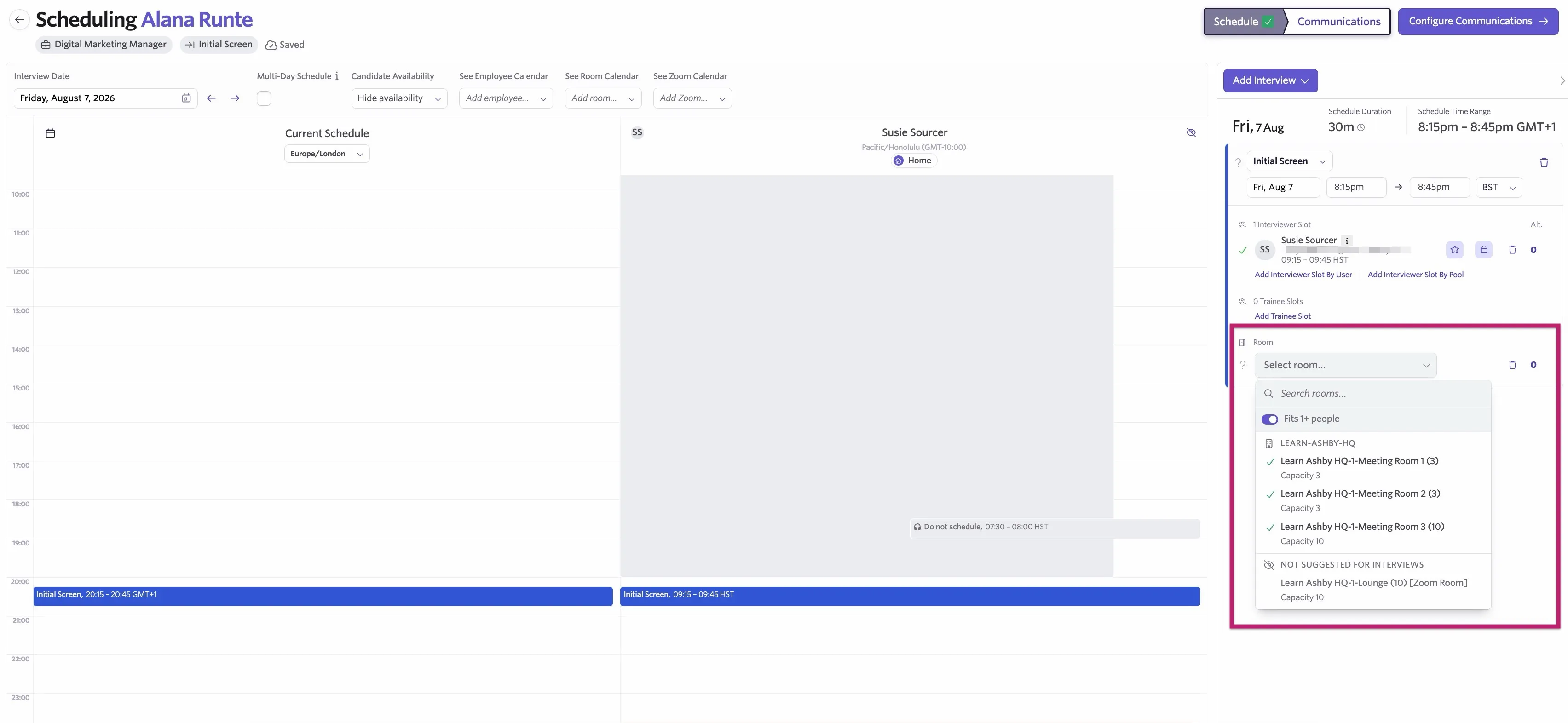 Viewing suggested meeting rooms when manually scheduling an interview.