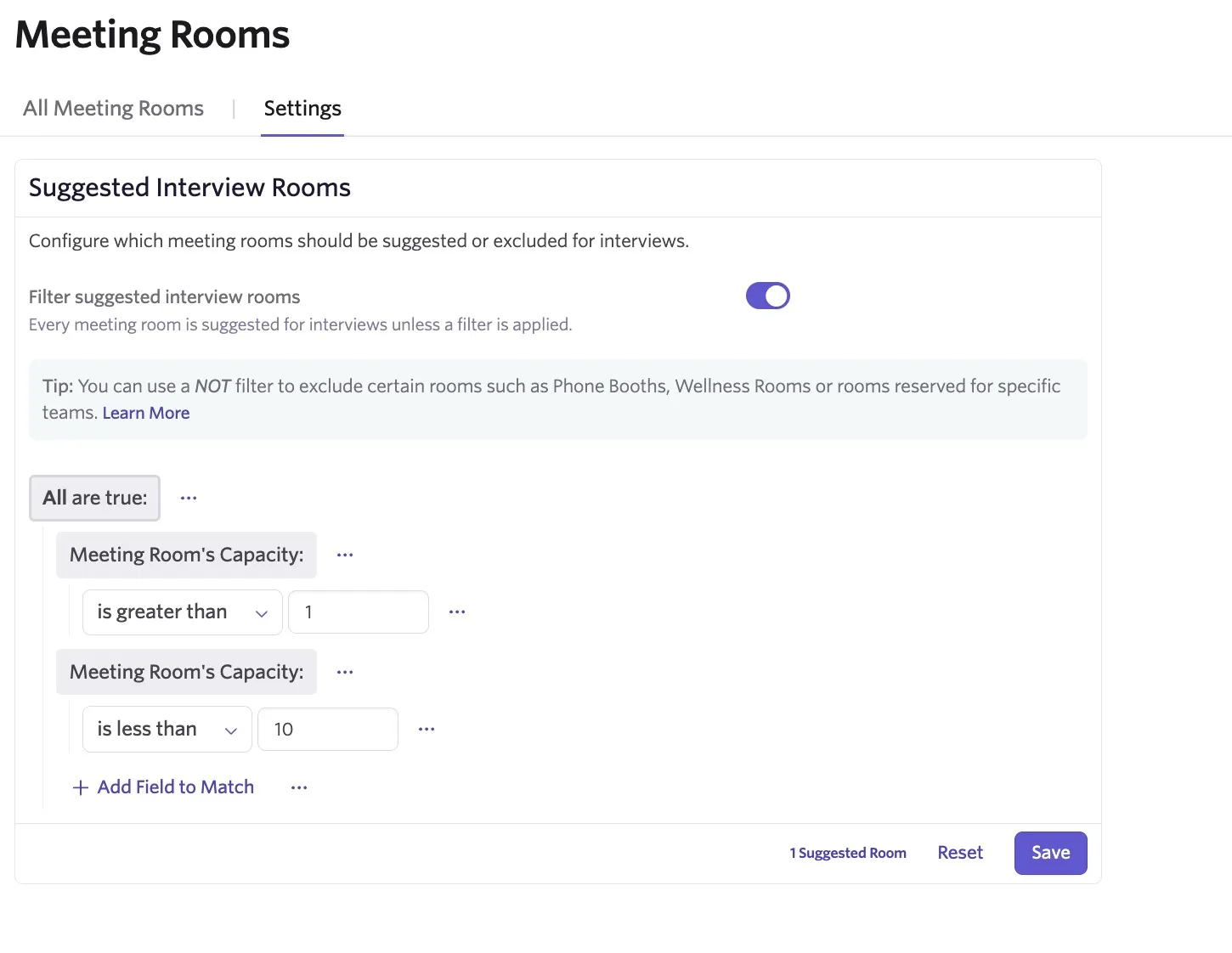 An example of suggested meeting room criteria set with the AND operator.