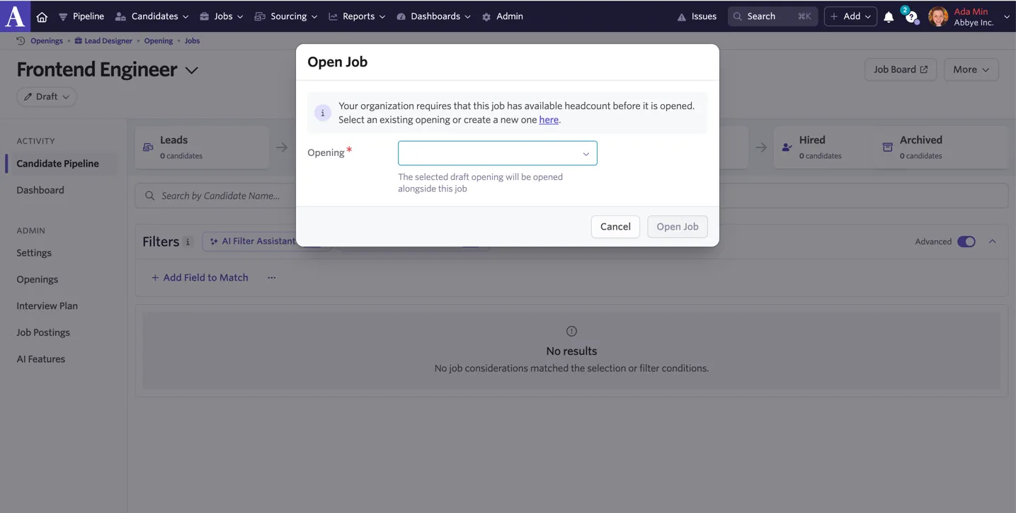 Shows the window to link a job to an opening.