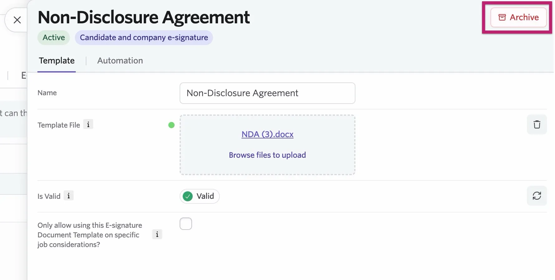 The Archive button on an e-signature document.