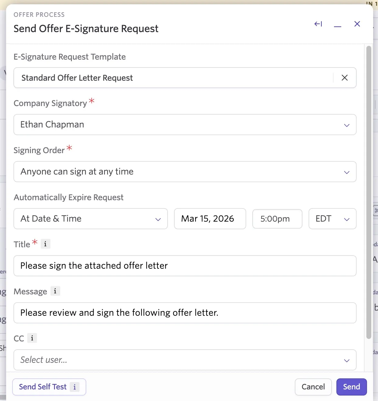 Shows the Send Offer E-signature request pane with an e-signature request template applied, which automatically filled in all the details. Shows the Send Offer E-signature request pane with an e-signature request template applied, which automatically filled in all the details.