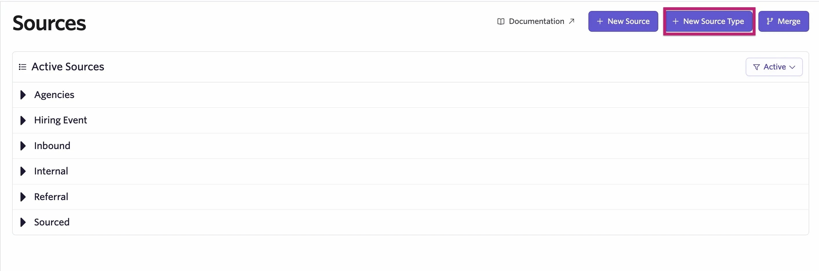 The Sources page with the New Source Type button highlighted The Sources page with the New Source Type button highlighted