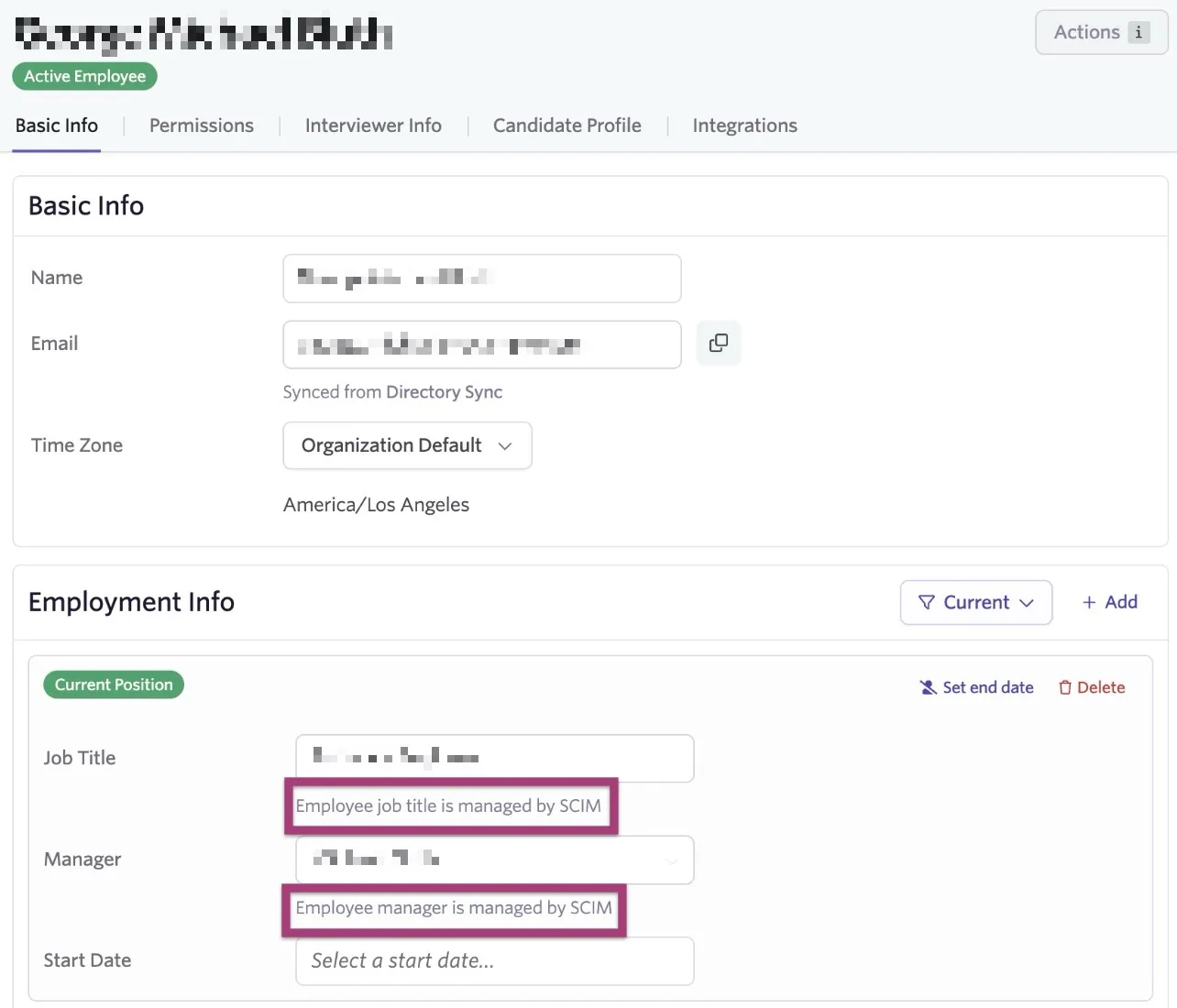 Screenshot of synced employee fields displayed on the employee profile page in Ashby