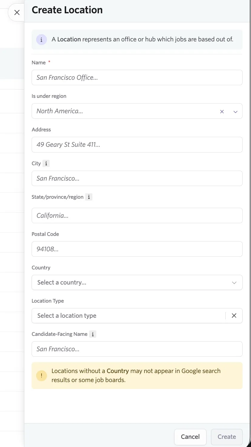 The screenshot shows the Create Location pop-up, where you can enter the location details.